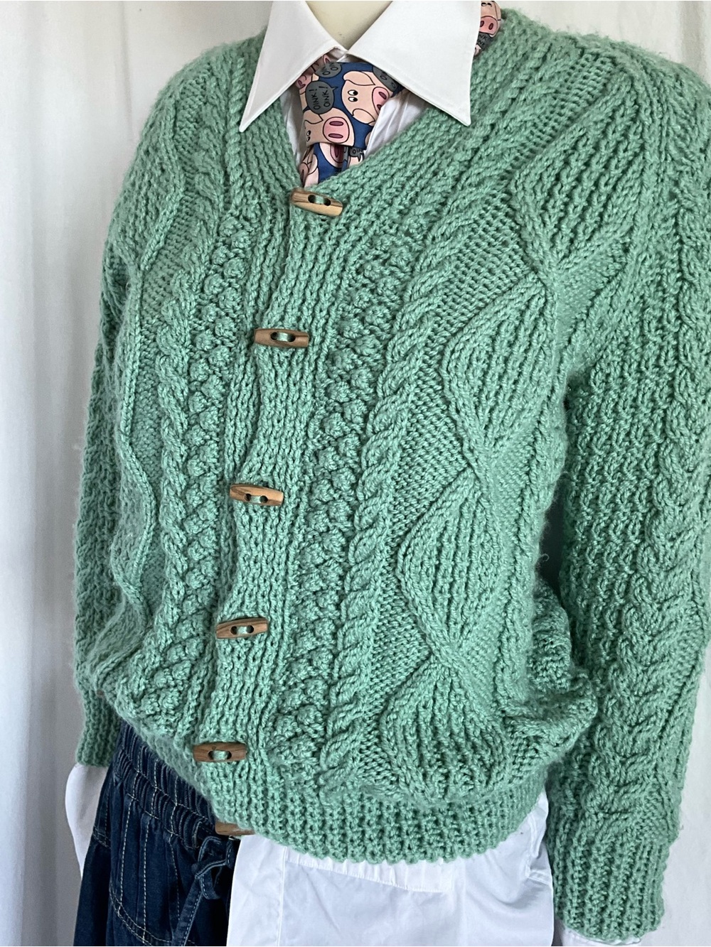 Hand Knit Style Cable Cardigan Mint Green Toggle Sweater Wool Blend Feel